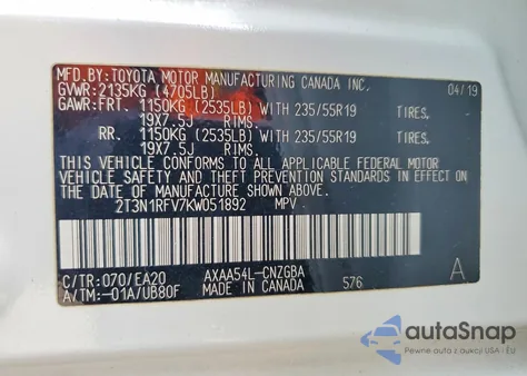 2019 Toyota Rav4 Limited from USA, damaged, VIN 2T3N1RFV7KW051892